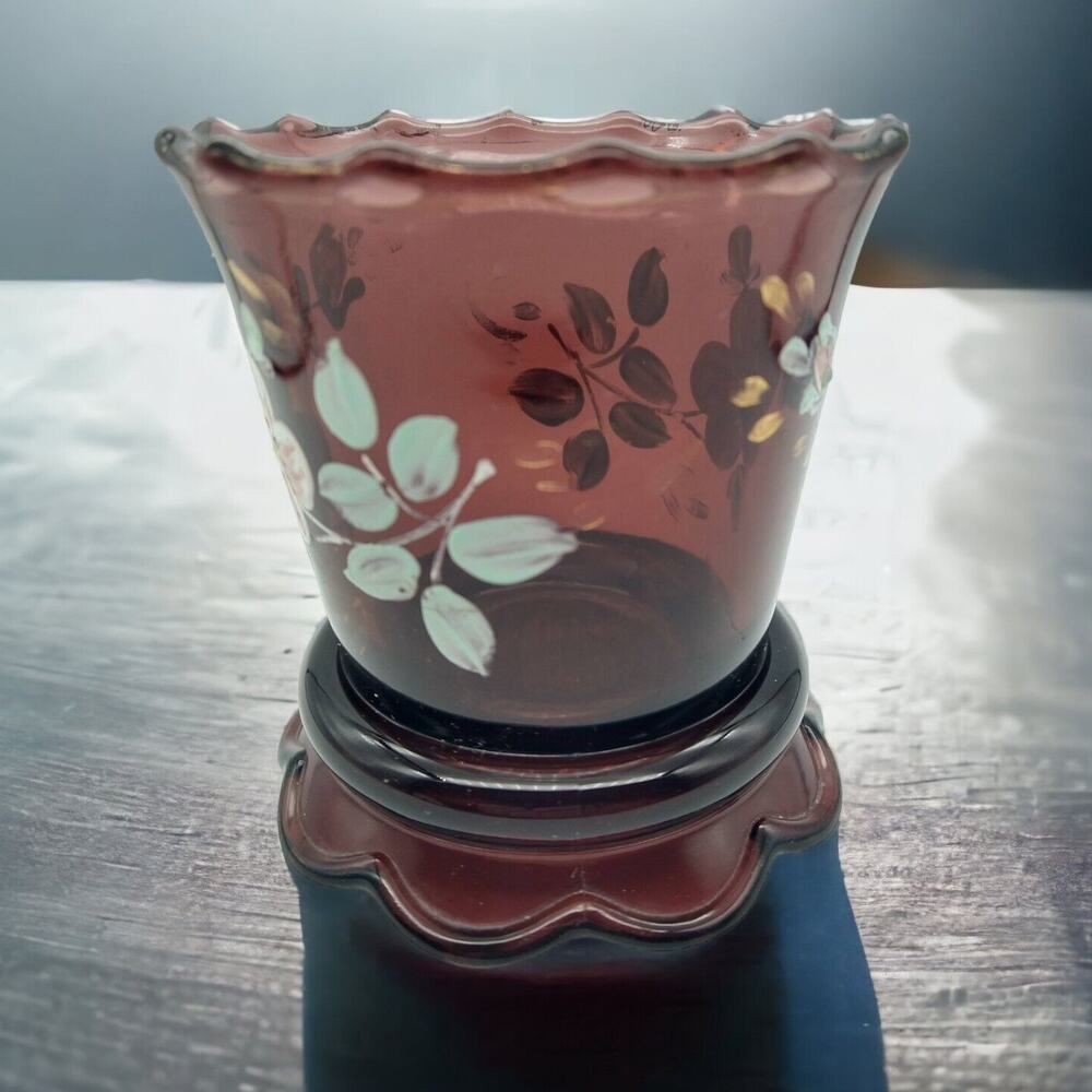 Vintage Amethyst Glass Vase 4” Hand Painted Floral Gold Trim Wear